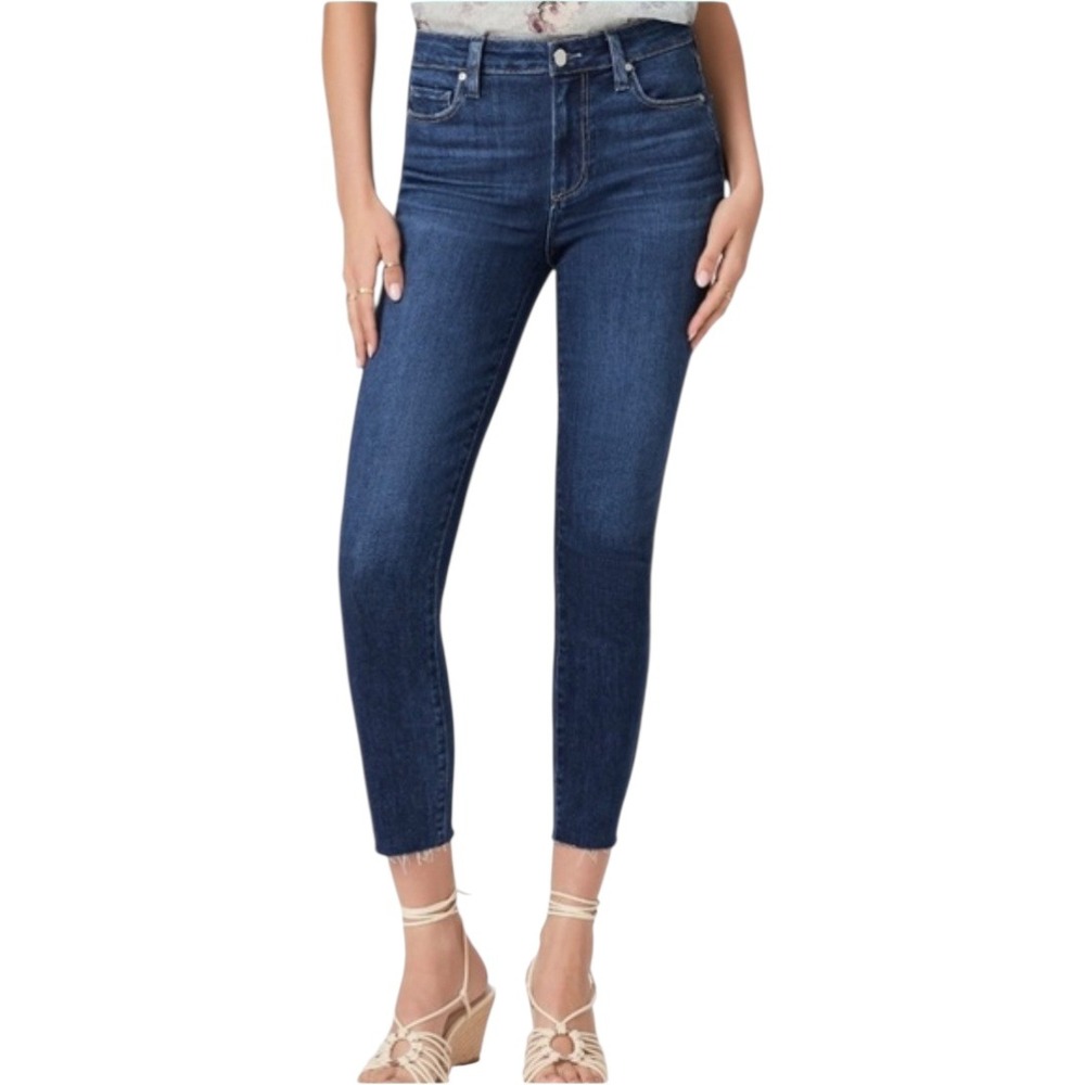 PAIGE Kylie Crop Jeans Dark Wash High Rise Raw Hem Stretch Size 26‎ 4